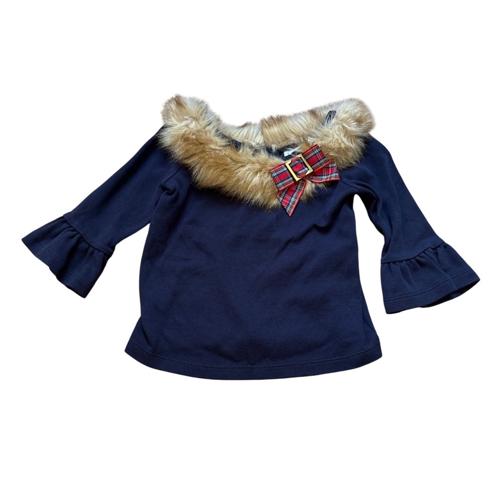 Janie and Jack Top Kids Navy Faux Fur‎ Collar Plaid Bow Bell Sleeve SIZE 2T